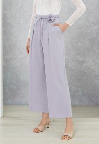 Self-Tie Rose String Pleats Straight-Leg Pants in Lilac