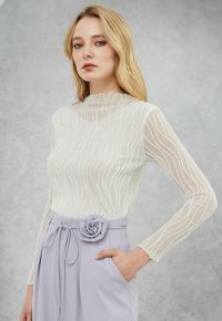 Wavy Mock Neck Sheer Mesh Top in Cream