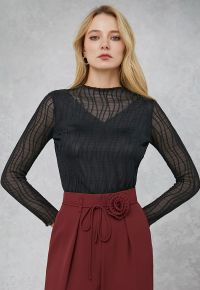 Wavy Mock Neck Sheer Mesh Top in Black