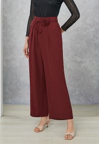 Self-Tie Rose String Pleats Straight-Leg Pants in Burgundy