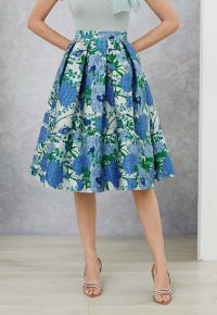 Blue Hues Floral Embossed Jacquard Pleated A-line Midi Skirt