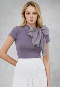 Organza Self-Tie Bowknot Short Sleeves Knit Top in Lavender