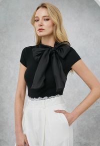 Organza Self-Tie Bowknot Short Sleeves Knit Top in Black