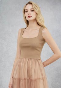 Square Neck Knit Tank Top in Tan