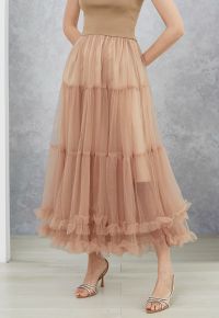 Dreamlike Tiered Ruffle Hem Mesh Tulle Skirt in Tan