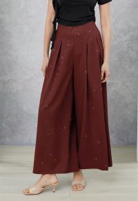 Sequins Embellished Pleats Wide-Leg Pants in Burgundy