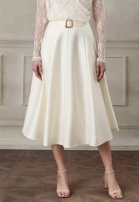 Square Buckle A-Line Satin Midi Skirt in Ivory