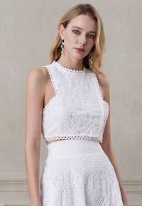 Paisley Eyelet Embroidery Sleeveless Crop Top in White