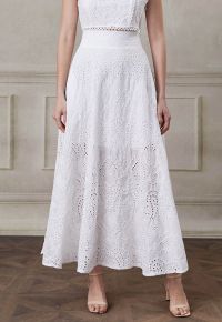 Paisley Eyelet Embroidery High-Waist Shirred Back Maxi Skirt in White