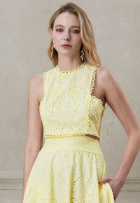 Paisley Eyelet Embroidery Sleeveless Crop Top in Yellow