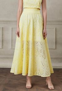 Paisley Eyelet Embroidery High-Waist Shirred Back Maxi Skirt in Yellow