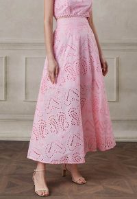 Paisley Eyelet Embroidery High-Waist Shirred Back Maxi Skirt in Pink