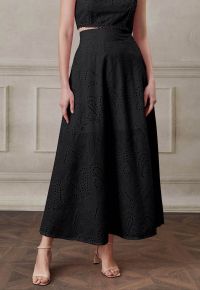 Paisley Eyelet Embroidery High-Waist Shirred Back Maxi Skirt in Black