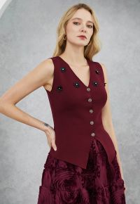 Sequined Floral V-Neck Buttoned Knit Vest in Burgundy