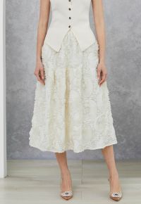Gorgeous 3D Rose Petal A-Line Midi Skirt in Cream
