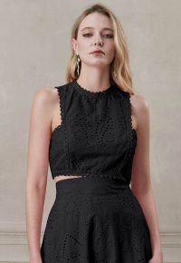 Paisley Eyelet Embroidery Sleeveless Crop Top in Black