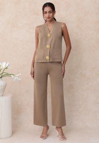 Golden Button Knit Vest and Pants Set in Camel