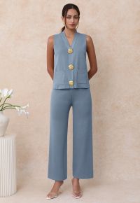 Golden Button Knit Vest and Pants Set in Blue