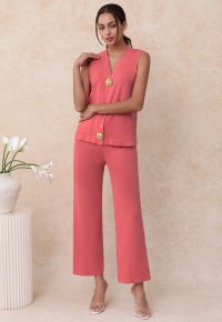 Golden Button Knit Vest and Pants Set in Coral