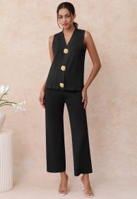 Golden Button Knit Vest and Pants Set in Black