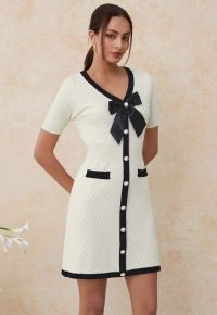Contrast Bowknot Pearl Button Grid Knit Mini Dress
