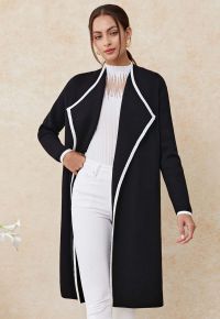 Contrast Edge Open Front Knit Coat in Black