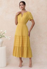 Notch Neckline Floret Eyelet Shirred Cotton Dress in Mustard
