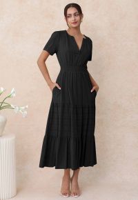 Notch Neckline Floret Eyelet Shirred Cotton Dress in Black