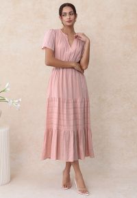 Notch Neckline Floret Eyelet Shirred Cotton Dress in Pink