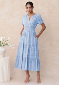 Notch Neckline Floret Eyelet Shirred Cotton Dress in Blue