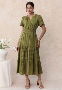 Notch Neckline Floret Eyelet Shirred Cotton Dress in Olive
