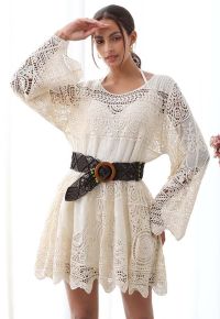 Embroidered Floral Cutwork Crochet Flare Sleeve Dress