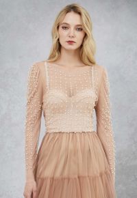 Puff Sleeve Pearl Embellished Sheer Mesh Crop Top in Tan