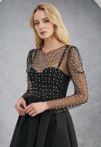 Puff Sleeve Pearl Embellished Sheer Mesh Crop Top in Black
