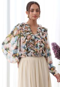 Fluttering Ruffle Floral Chiffon Crop Top in Multicolor