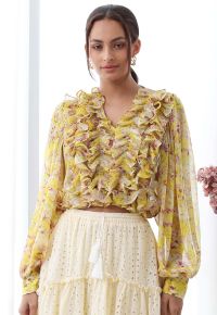 Fluttering Ruffle Floral Chiffon Crop Top in Yellow