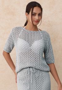 Hollow Out Rolled Edge Knit Top in Light Blue