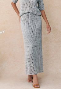 Hollow Out Rolled Hemline Drawstring Knit Maxi Skirt in Light Blue