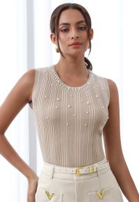 Pearl Trimmed Sleeveless Ribbed Crop Knit Top in Light Tan