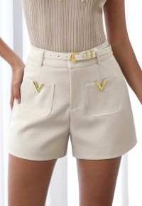 Golden V-Shape Metal Decor Belted Shorts in Ivory