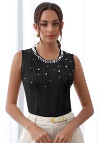 Pearl Trimmed Sleeveless Ribbed Crop Knit Top in Black