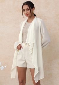 Waterfall Collar Open Front Tie-Sash Sheer Chiffon Top in Cream