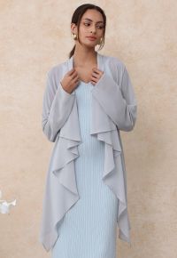 Waterfall Collar Open Front Tie-Sash Sheer Chiffon Top in Dusty Blue