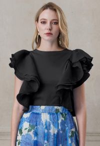 Exaggerated Organza Ruffles Sleeveless Top in Black