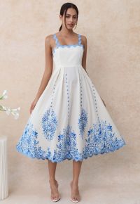 Sky Blue Wavy Floral Tie-Back Bowknot Cami Dress