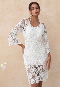 Floral Cutwork Grid Crochet Cover Up Dress in White