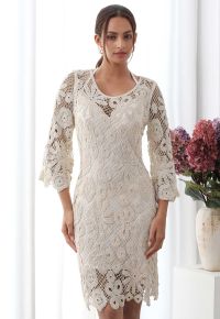 Floral Cutwork Grid Crochet Cover Up Dress in Sand