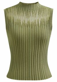 Mesh Inserted Mock Neck Ribbed Knit Tank Top in Green