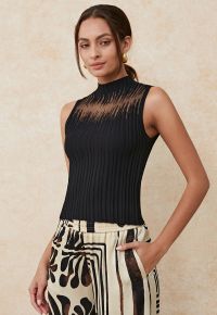 Mesh Inserted Mock Neck Ribbed Knit Tank Top in Black