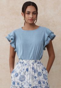 Lace Ruffle Sleeve Cotton Dolly Top in Blue